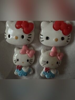 Hello Kitty White Resin Earrings with Pink Bows and Blue Dresses